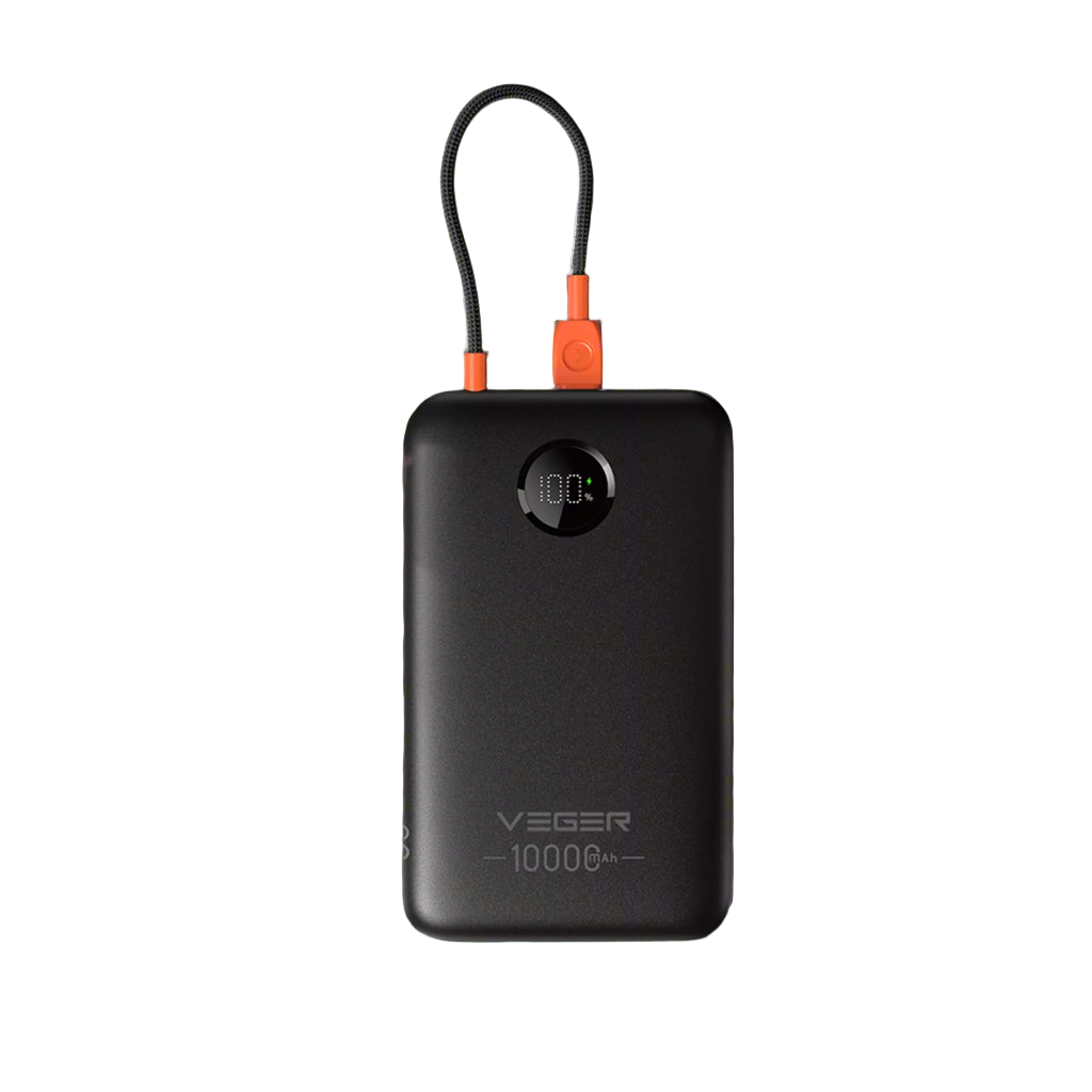 Black power bank with digital display and Veger branding on a white background